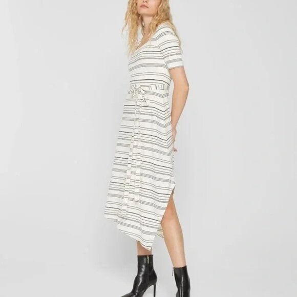 Club Monaco Size M Black White Egret Striped Square Neck Asymmetrical Midi Dress - Picture 1 of 16
